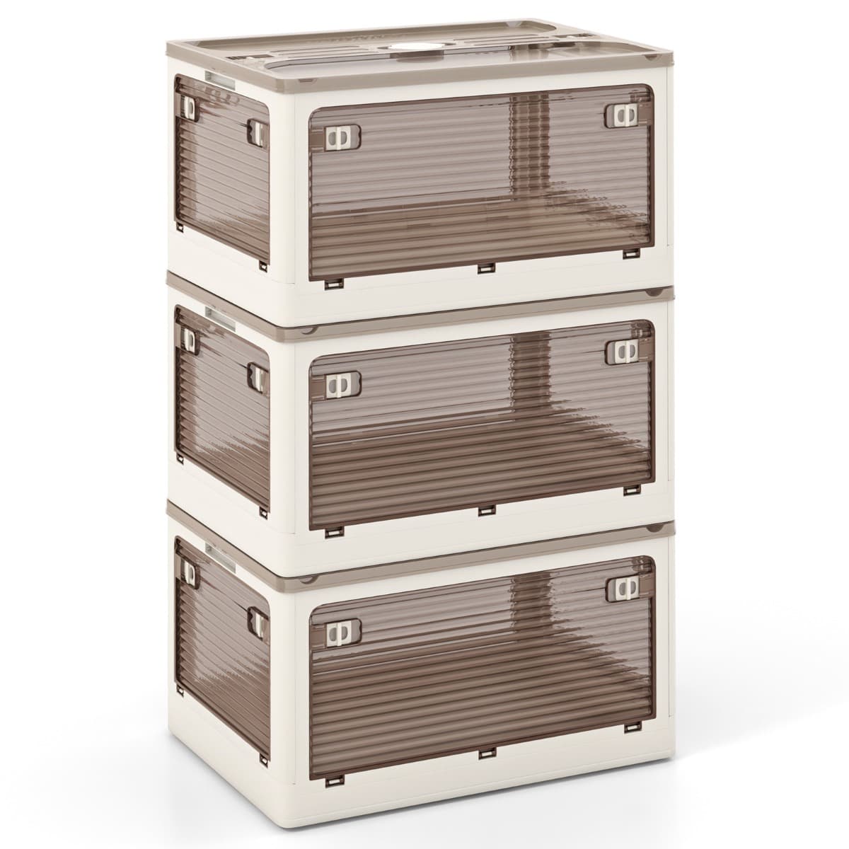 CostwayLot de 3 Bacs de Rangement Empilables avec Couvercles de 132L Boîte de Rangement Mobile et Pliable en Plastique Ouverture sur 5 Côtés