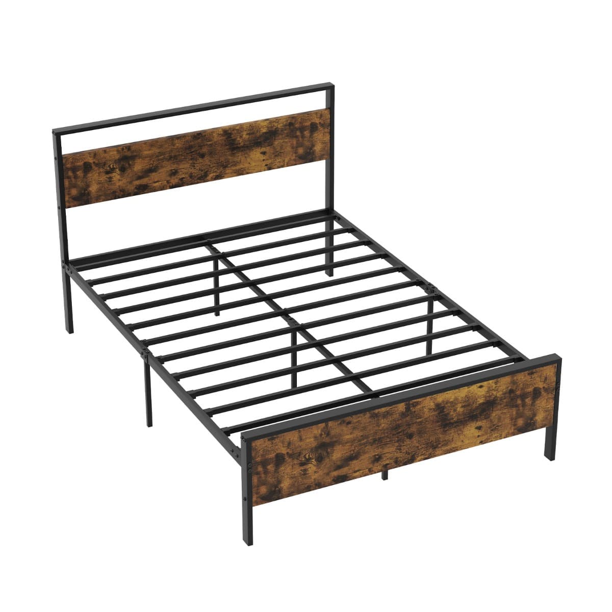 CostwayCadre de Lit 140x200cm avec Sommier en Métal Lit Plateforme avec Tête en Bois Lattes 32CM Pas Besoin de Sommier Marron Rustique