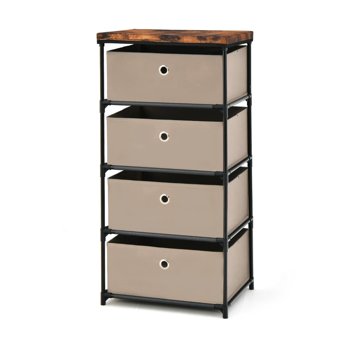 CostwayCommode 4 Tiroirs en Tissu Commode Chambre avec Cadre en Métal et Plateau Commode Haute pour Chambre Adulte/Enfant 42 x 33,5 x 84,5cm Marron