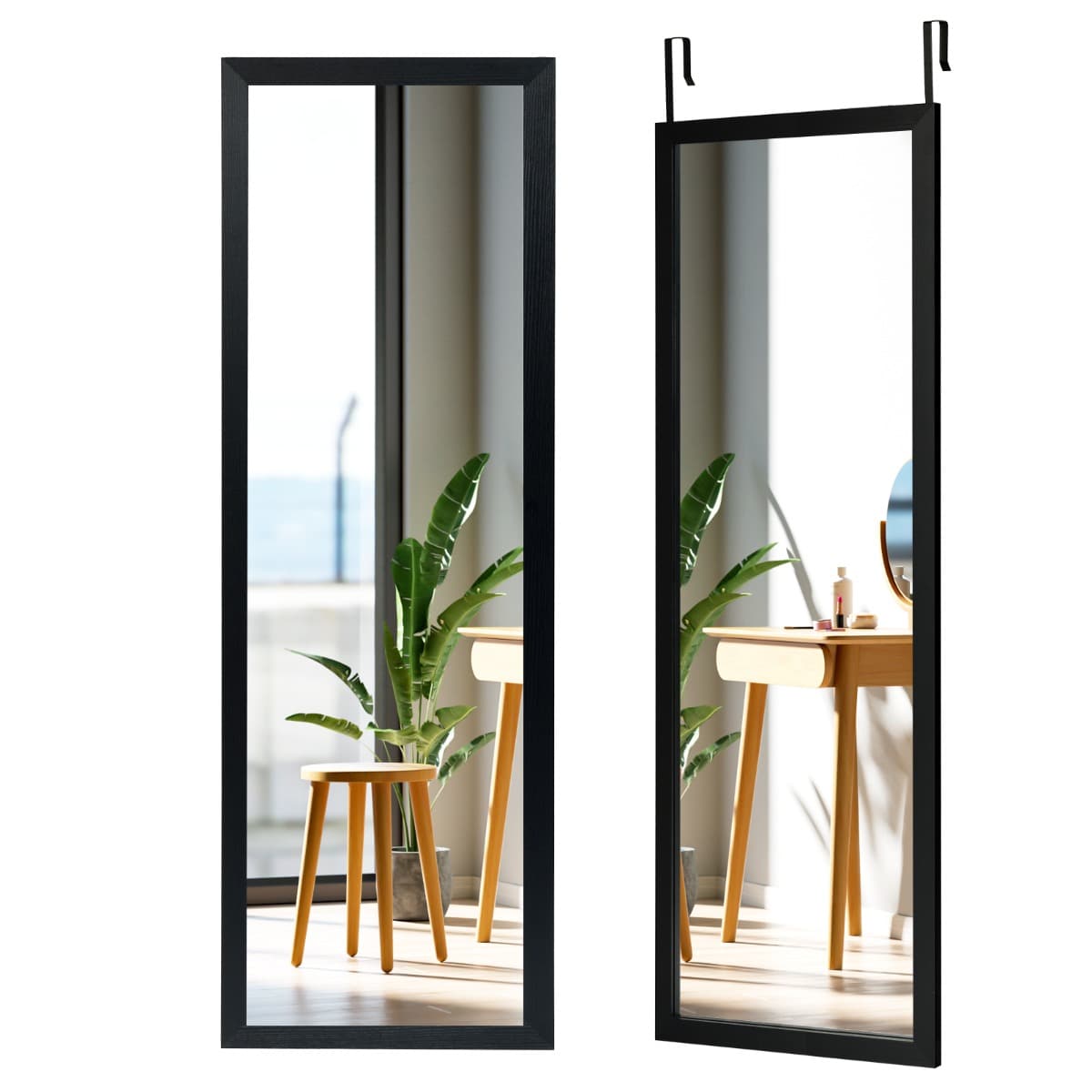 CostwayMiroir Mural Suspendu Miroir de Porte 120 x 37 CM avec Crochets de Suspension pour Chambre Salon Vestiaire Noir