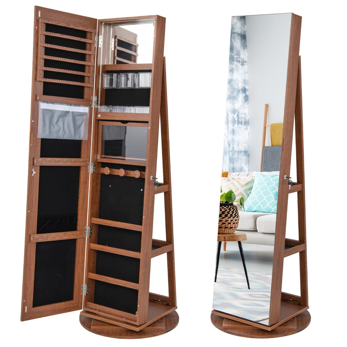 CostwayArmoire à Bijoux Pivotante à 360°avec Lumières LED 3 Couleurs Miroir Pleine Longueur et Étagère 3 Niveaux en Arrière Marron Foncé