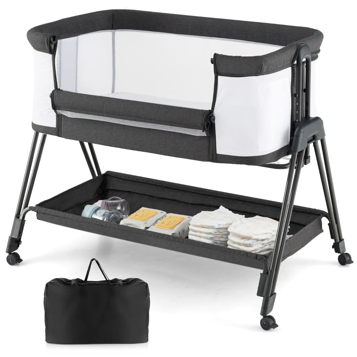 CostwayLit de Chevet pour Bébé Berceau Lit Pliant Portable Berceau Réglable avec Rangement Noir